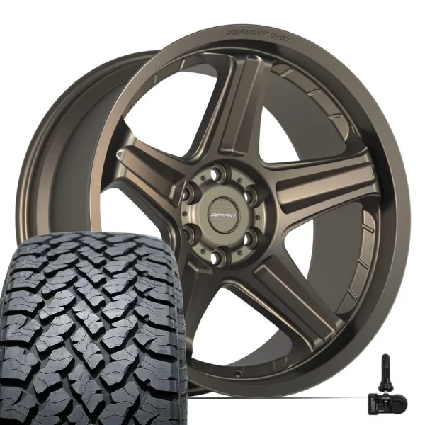DEFIANT DF07 22x10 6x139 7 Satin Bronze Wheels 285 45 22 TBB TS 37 AT Tires TPMS SET